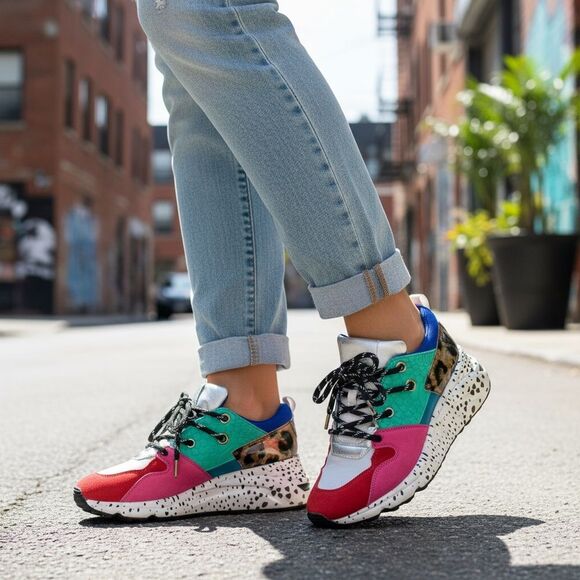 STEVE MADDEN WOMEN’S CLIFF RAINBOW SNEAKERS – MULTICOLOR ANIMAL PRINT, SIZE 8.5 - Picture 1 of 17